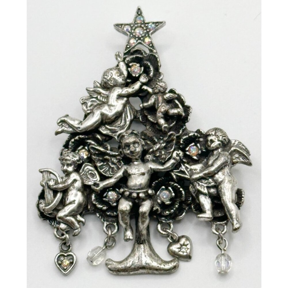 Kirks‎ Folly Cherubs Angels Silvertone Rhinestone Christmas Tree Pin
